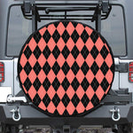 Black And Coral Argyle Pattern Print Leather Spare Tire Cover