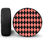Black And Coral Argyle Pattern Print Leather Spare Tire Cover