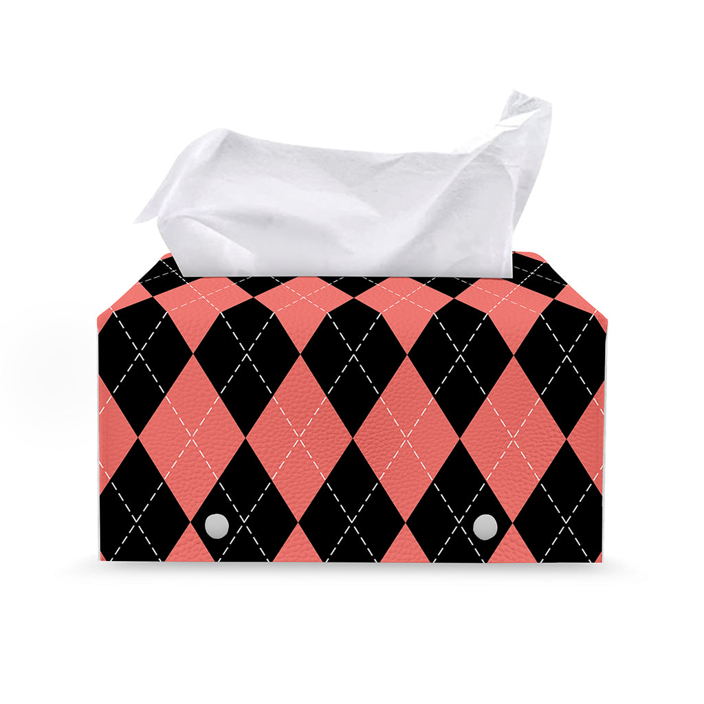 Black And Coral Argyle Pattern Print Leather Tissue Box Cover