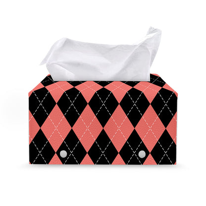 Black And Coral Argyle Pattern Print Leather Tissue Box Cover