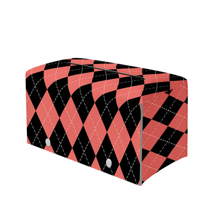 Black And Coral Argyle Pattern Print Leather Tissue Box Cover