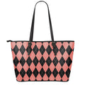 Black And Coral Argyle Pattern Print Leather Tote Bag With Zipper