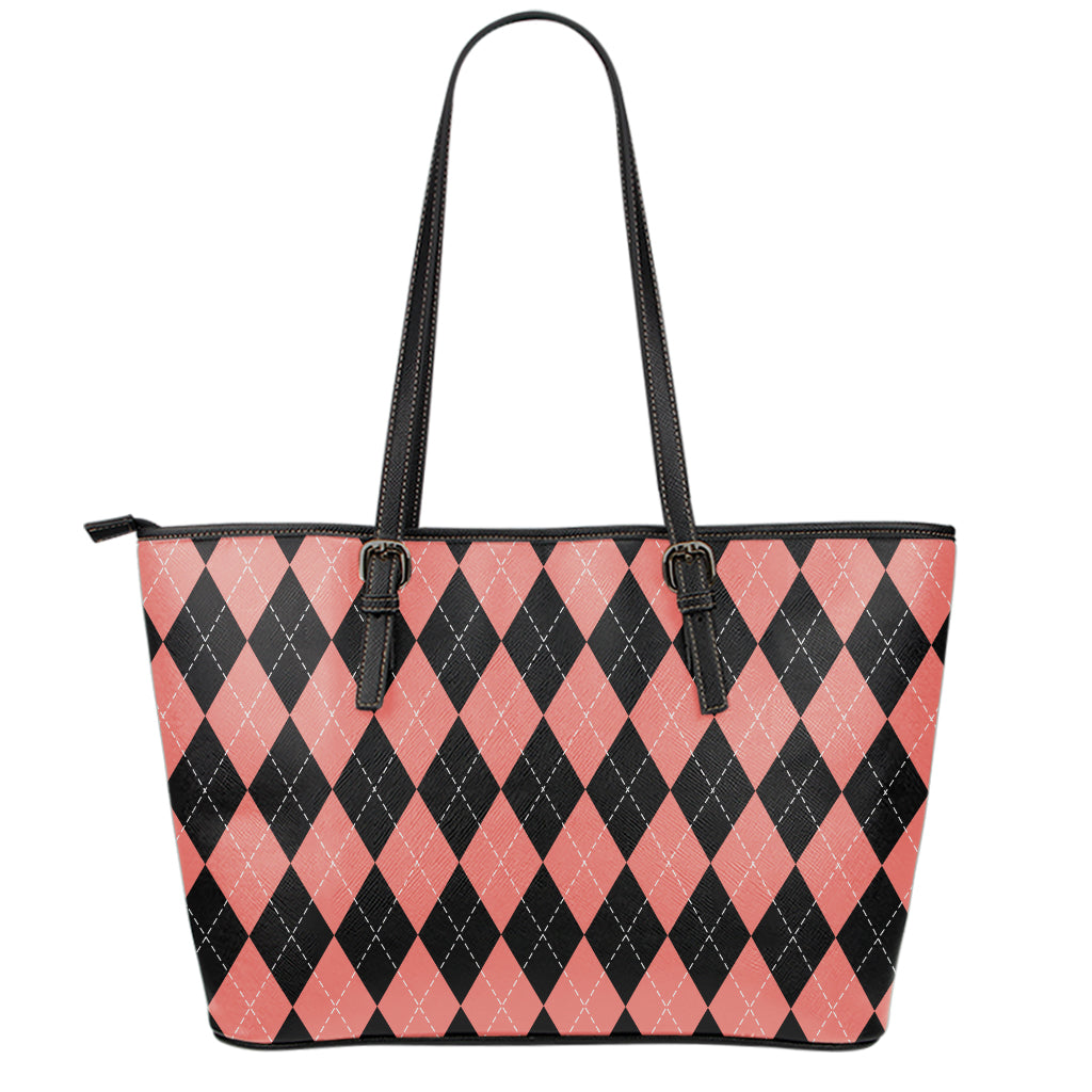 Black And Coral Argyle Pattern Print Leather Tote Bag