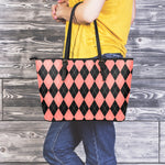 Black And Coral Argyle Pattern Print Leather Tote Bag