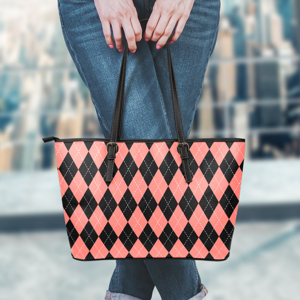 Black And Coral Argyle Pattern Print Leather Tote Bag