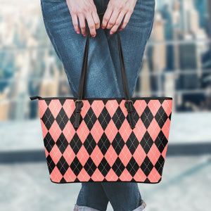 Black And Coral Argyle Pattern Print Leather Tote Bag