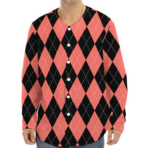 Black And Coral Argyle Pattern Print Long Sleeve Baseball Jersey