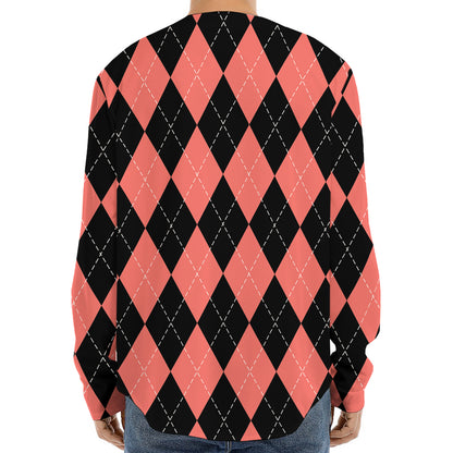 Black And Coral Argyle Pattern Print Long Sleeve Baseball Jersey