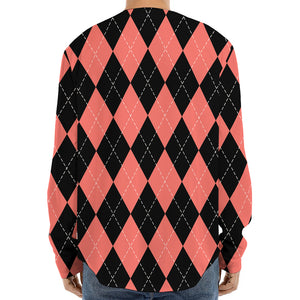 Black And Coral Argyle Pattern Print Long Sleeve Baseball Jersey