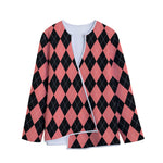 Black And Coral Argyle Pattern Print Long Sleeve Short Coat