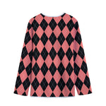Black And Coral Argyle Pattern Print Long Sleeve Short Coat