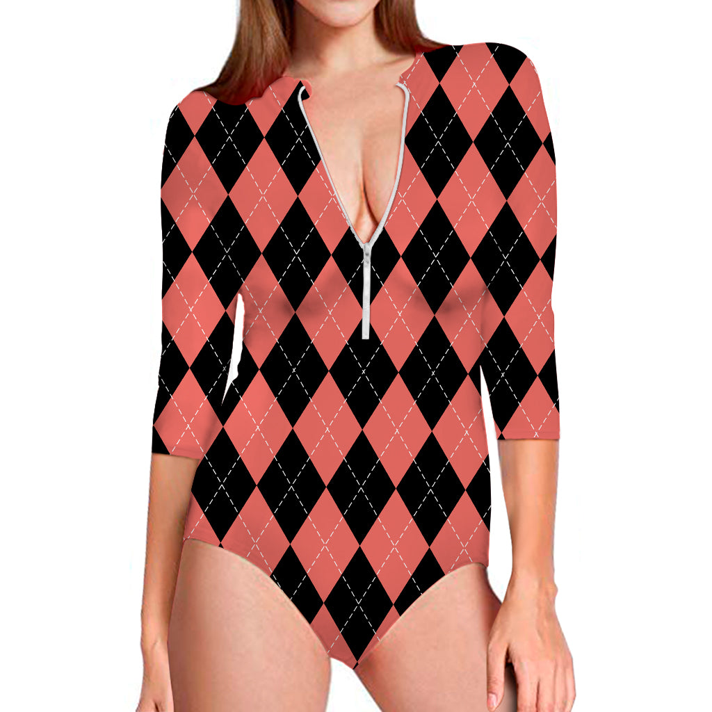 Black And Coral Argyle Pattern Print Long Sleeve Swimsuit