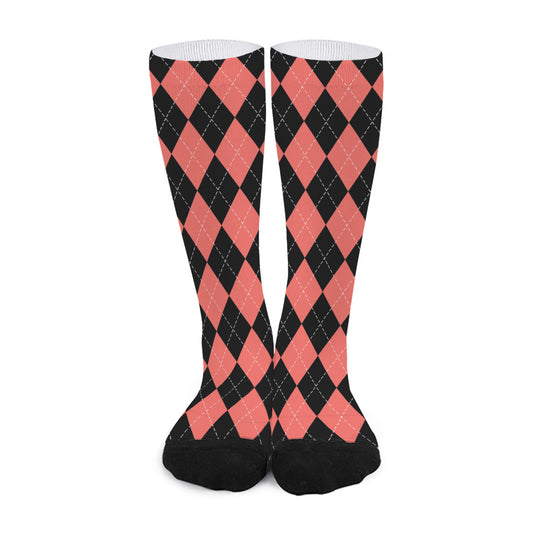 Black And Coral Argyle Pattern Print Long Socks