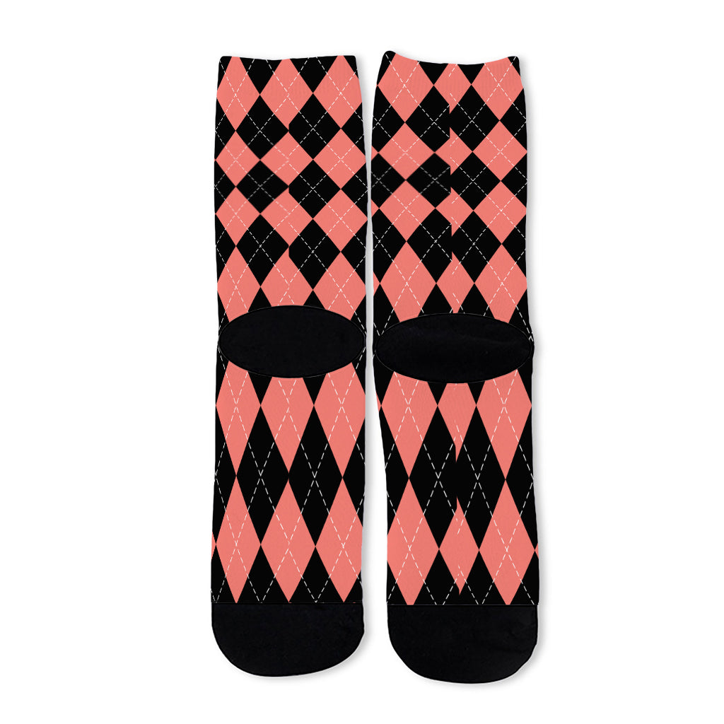 Black And Coral Argyle Pattern Print Long Socks