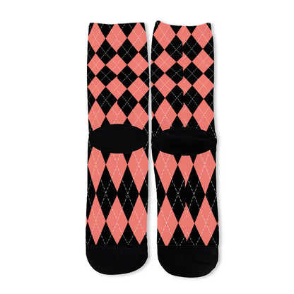 Black And Coral Argyle Pattern Print Long Socks