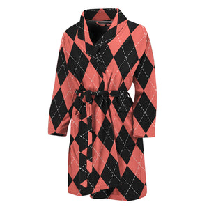 Black And Coral Argyle Pattern Print Men's Bathrobe