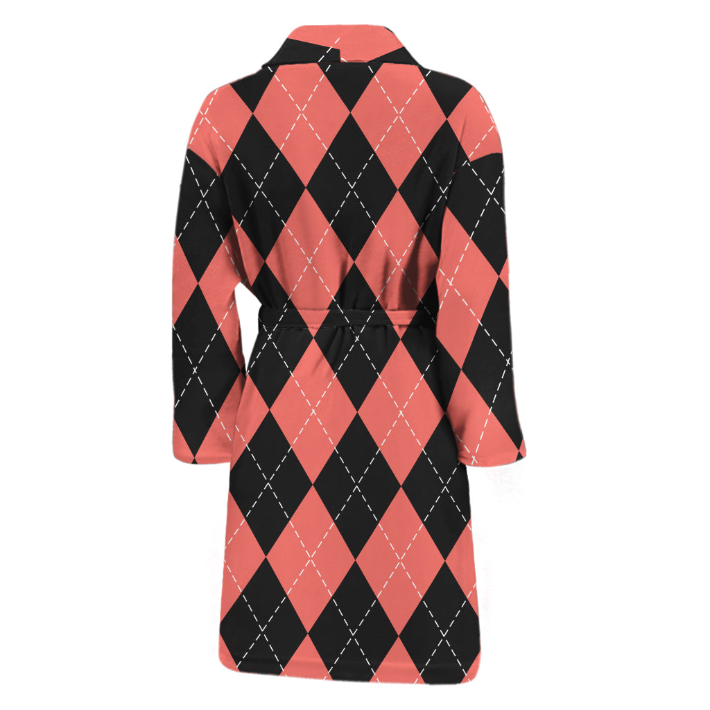 Black And Coral Argyle Pattern Print Men's Bathrobe