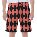 Black And Coral Argyle Pattern Print Men's Beach Shorts