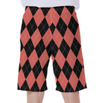 Black And Coral Argyle Pattern Print Men's Beach Shorts
