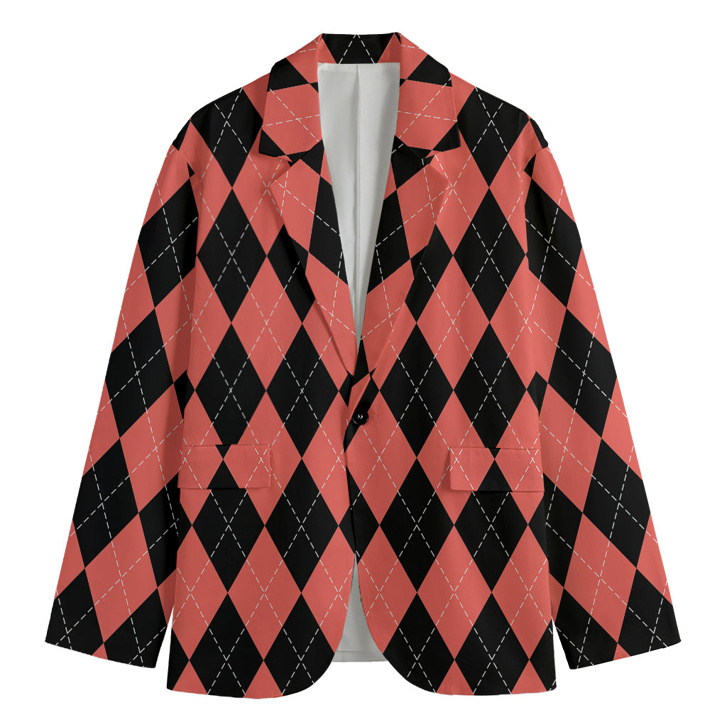 Black And Coral Argyle Pattern Print Men's Blazer