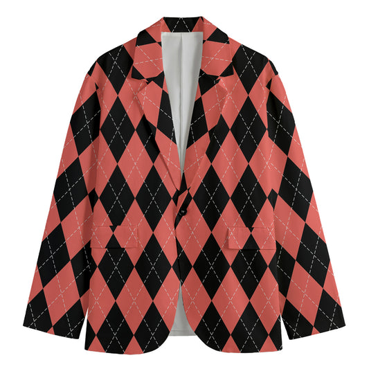 Black And Coral Argyle Pattern Print Men's Blazer
