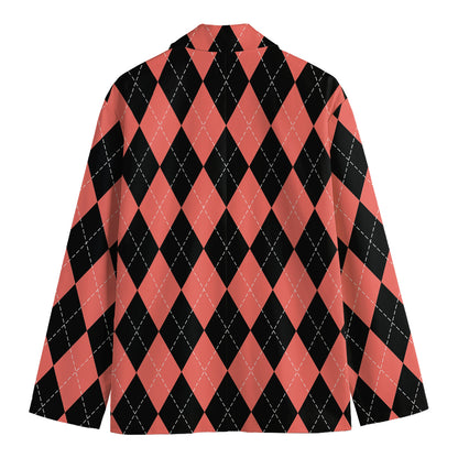 Black And Coral Argyle Pattern Print Men's Blazer