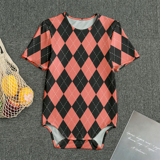 Black And Coral Argyle Pattern Print Men's Bodysuit