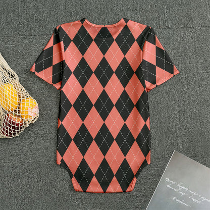 Black And Coral Argyle Pattern Print Men's Bodysuit