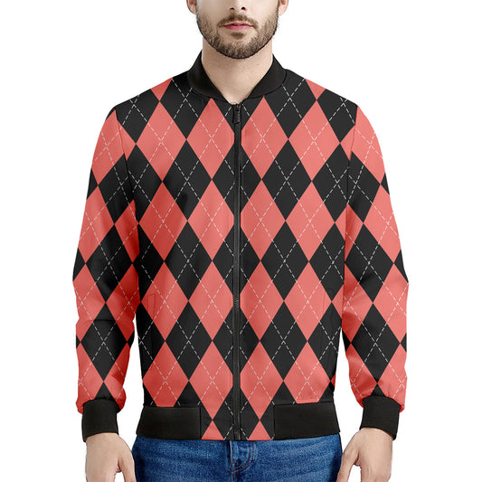 Black And Coral Argyle Pattern Print Men's Bomber Jacket