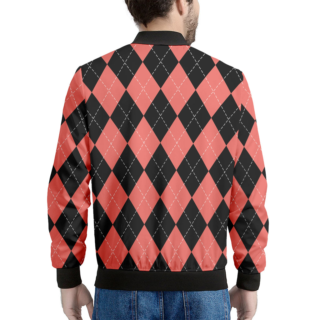 Black And Coral Argyle Pattern Print Men's Bomber Jacket