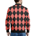 Black And Coral Argyle Pattern Print Men's Bomber Jacket