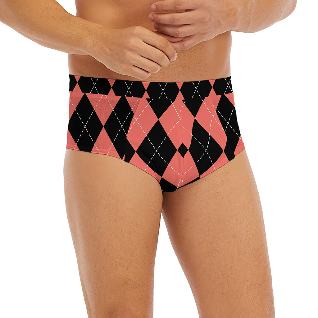 Black And Coral Argyle Pattern Print Men's Briefs