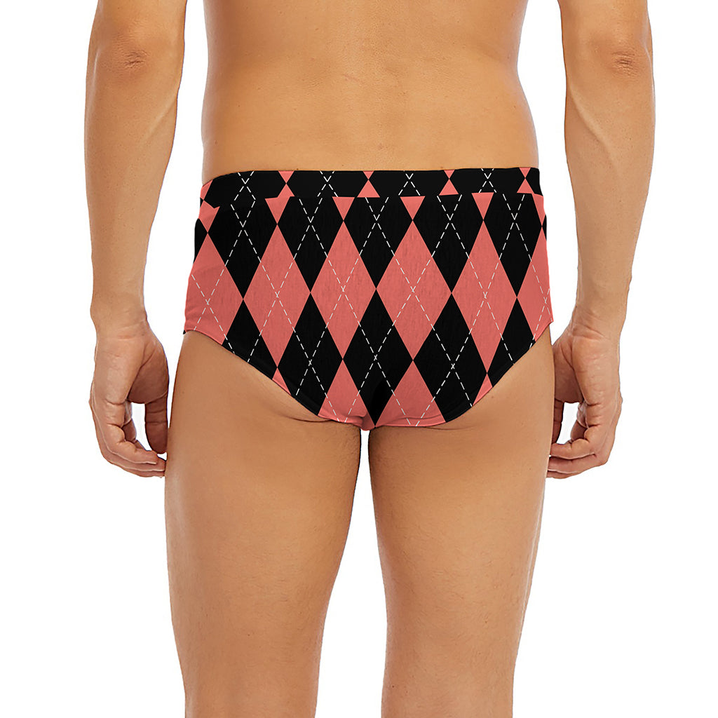 Black And Coral Argyle Pattern Print Men's Briefs