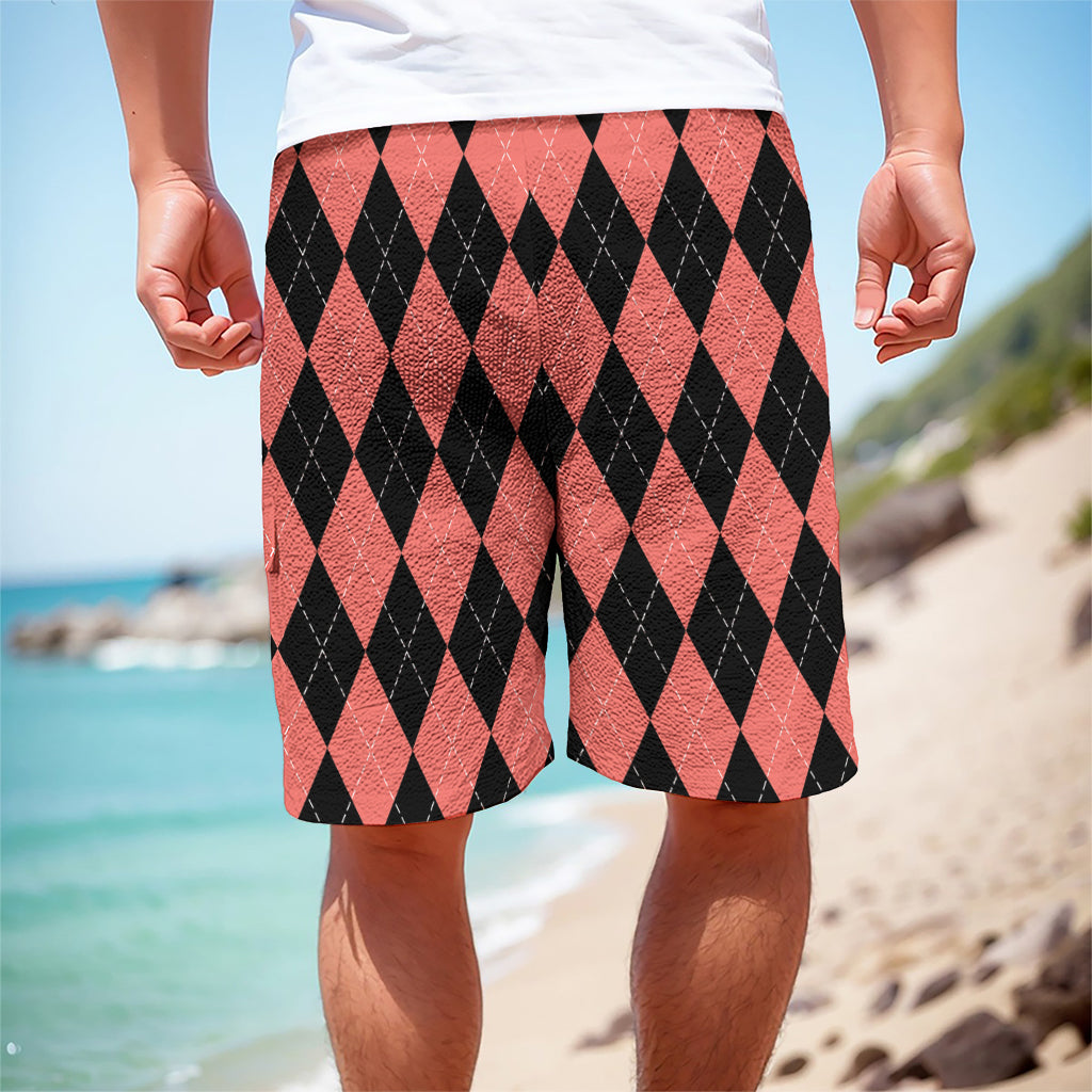 Black And Coral Argyle Pattern Print Men's Cargo Shorts