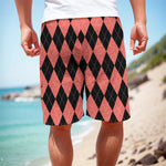 Black And Coral Argyle Pattern Print Men's Cargo Shorts