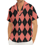 Black And Coral Argyle Pattern Print Men's Deep V-Neck Shirt