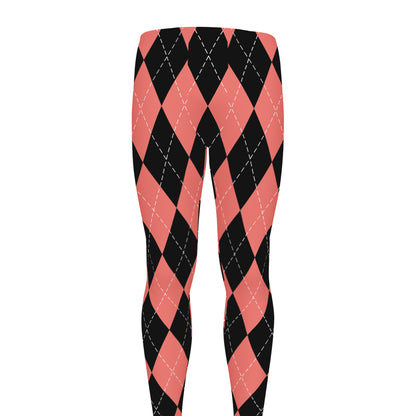 Black And Coral Argyle Pattern Print Men's leggings