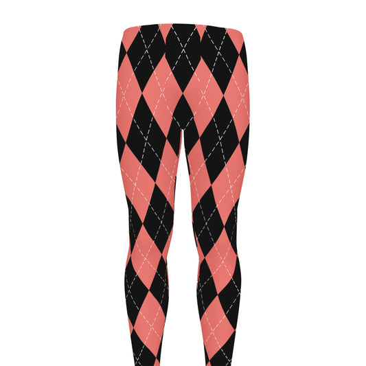 Black And Coral Argyle Pattern Print Men's leggings