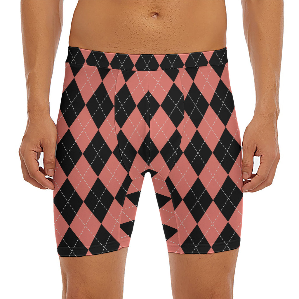 Black And Coral Argyle Pattern Print Men's Long Boxer Briefs
