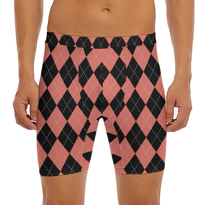 Black And Coral Argyle Pattern Print Men's Long Boxer Briefs