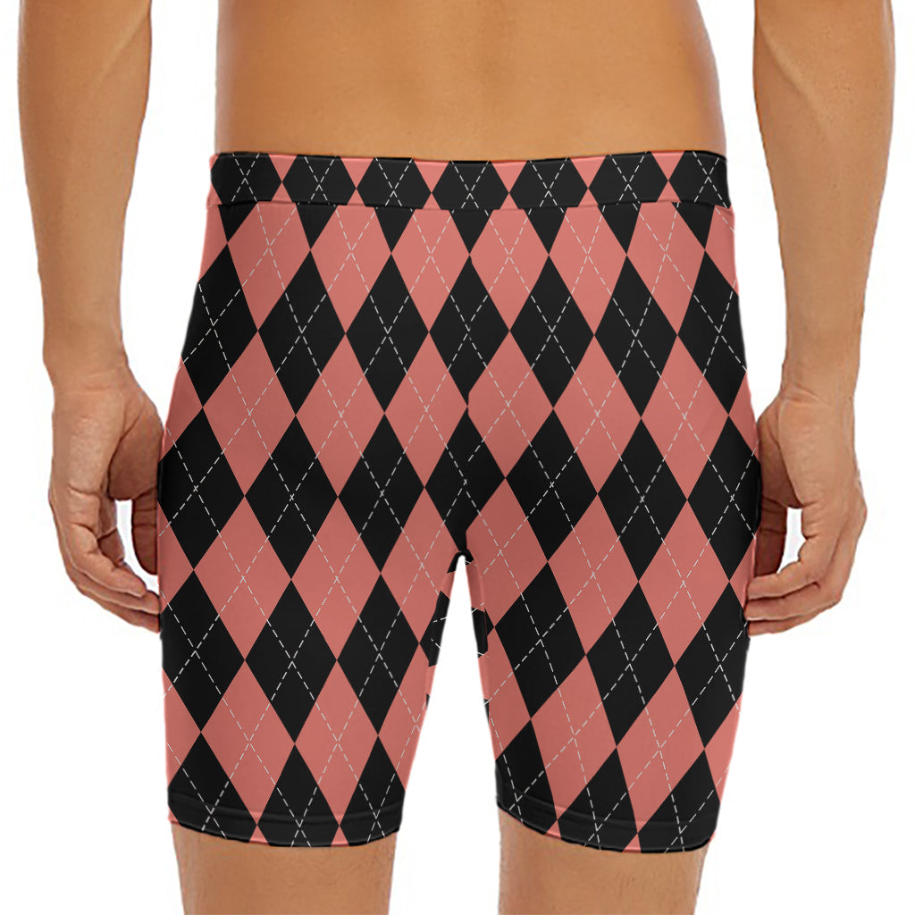 Black And Coral Argyle Pattern Print Men's Long Boxer Briefs