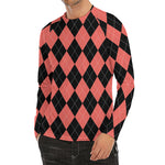 Black And Coral Argyle Pattern Print Men's Long Sleeve Rash Guard