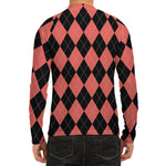 Black And Coral Argyle Pattern Print Men's Long Sleeve Rash Guard