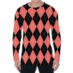 Black And Coral Argyle Pattern Print Men's Long Sleeve T-Shirt