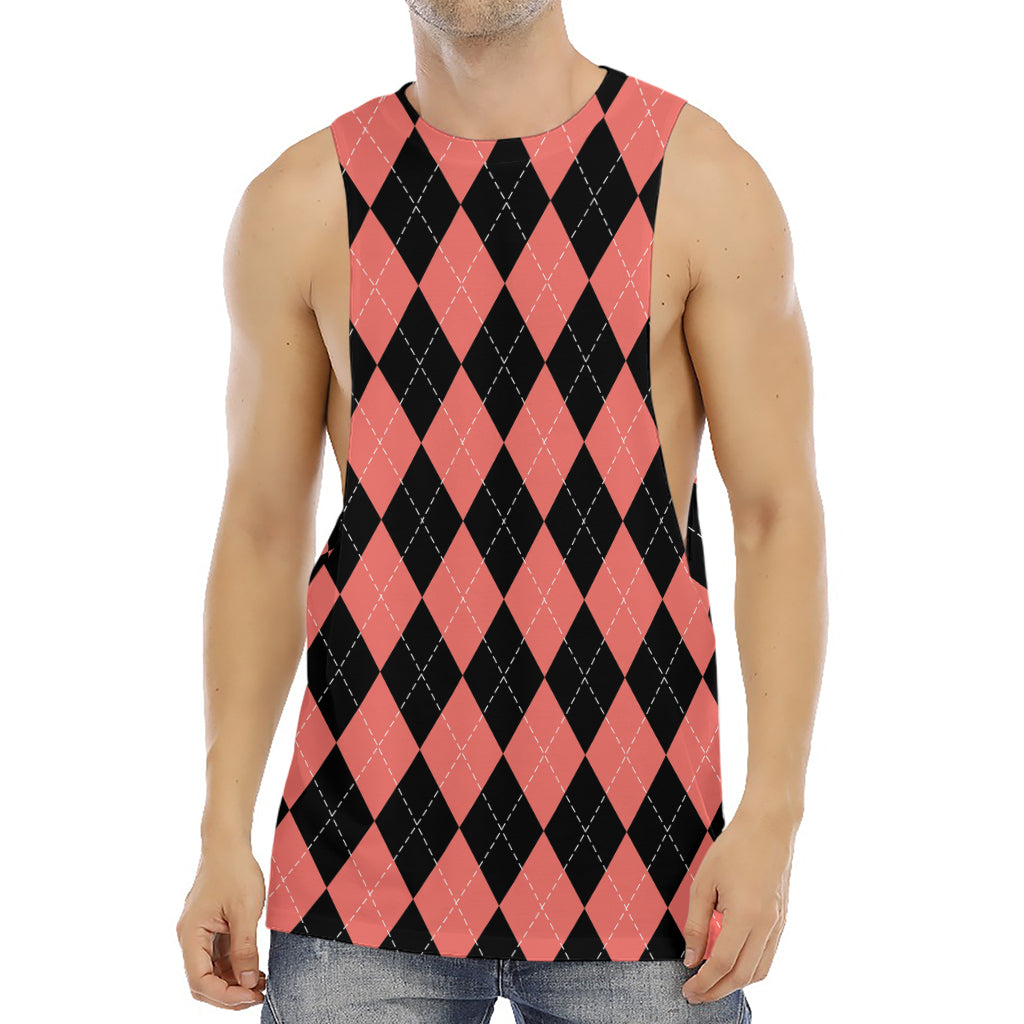 Black And Coral Argyle Pattern Print Men's Muscle Tank Top