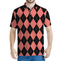 Black And Coral Argyle Pattern Print Men's Polo Shirt