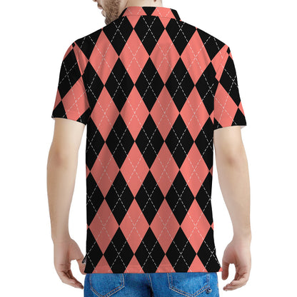 Black And Coral Argyle Pattern Print Men's Polo Shirt