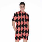 Black And Coral Argyle Pattern Print Men's Rompers