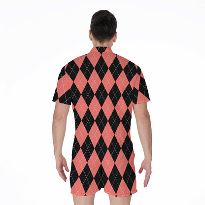 Black And Coral Argyle Pattern Print Men's Rompers