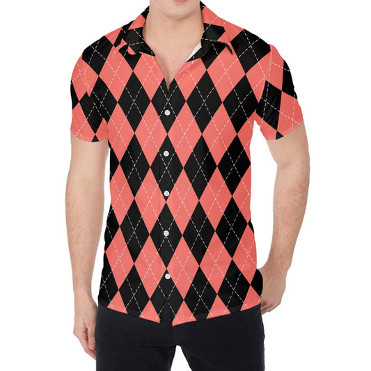 Black And Coral Argyle Pattern Print Men's Shirt